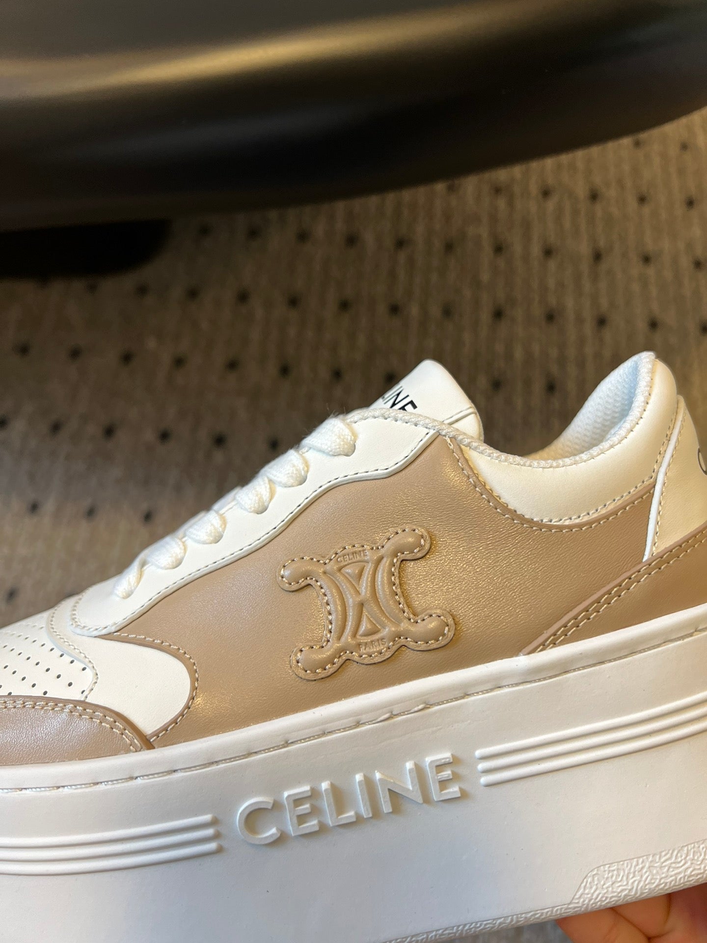 BLOCK SNEAKER WITH TRIOMPHE IN WHITE MIX SAND BROWN CALFSKIN