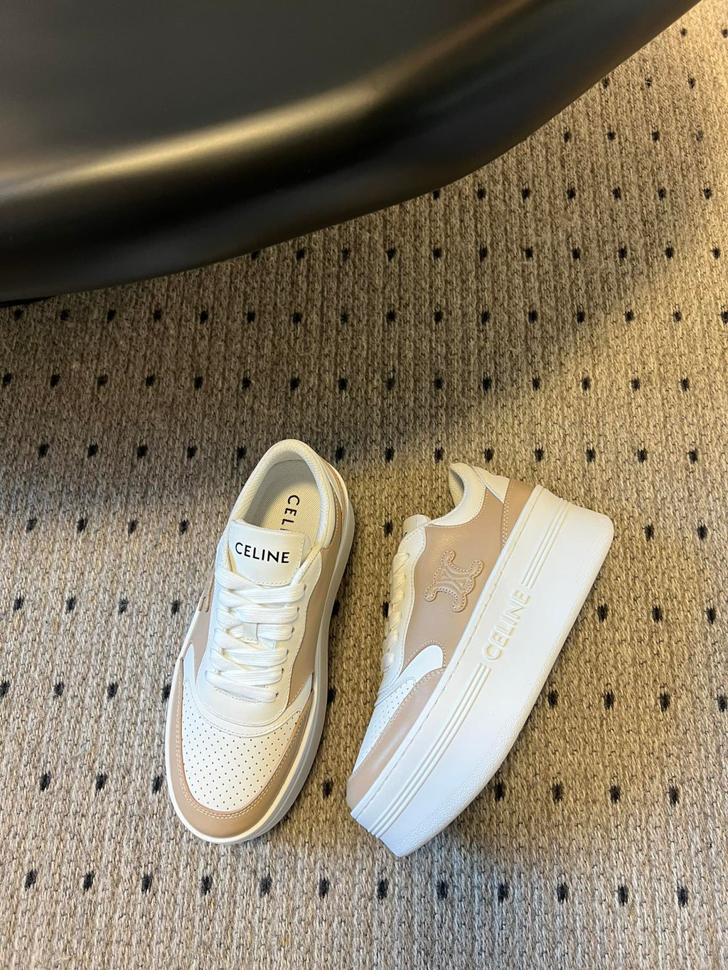 BLOCK SNEAKER WITH TRIOMPHE IN WHITE MIX SAND BROWN CALFSKIN