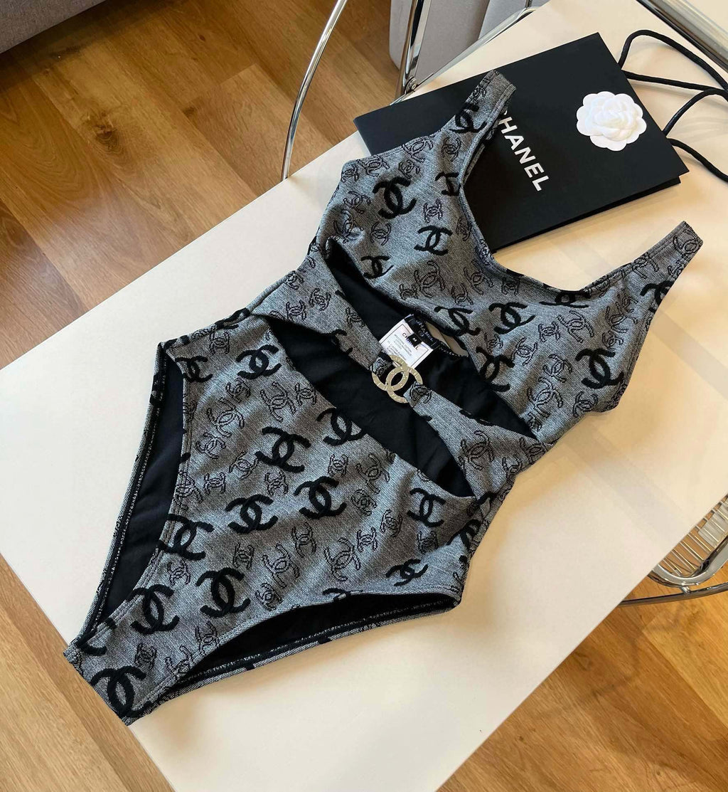 SWIMSUIT IN GREY AND BLACK PRINTED LOGO 626006