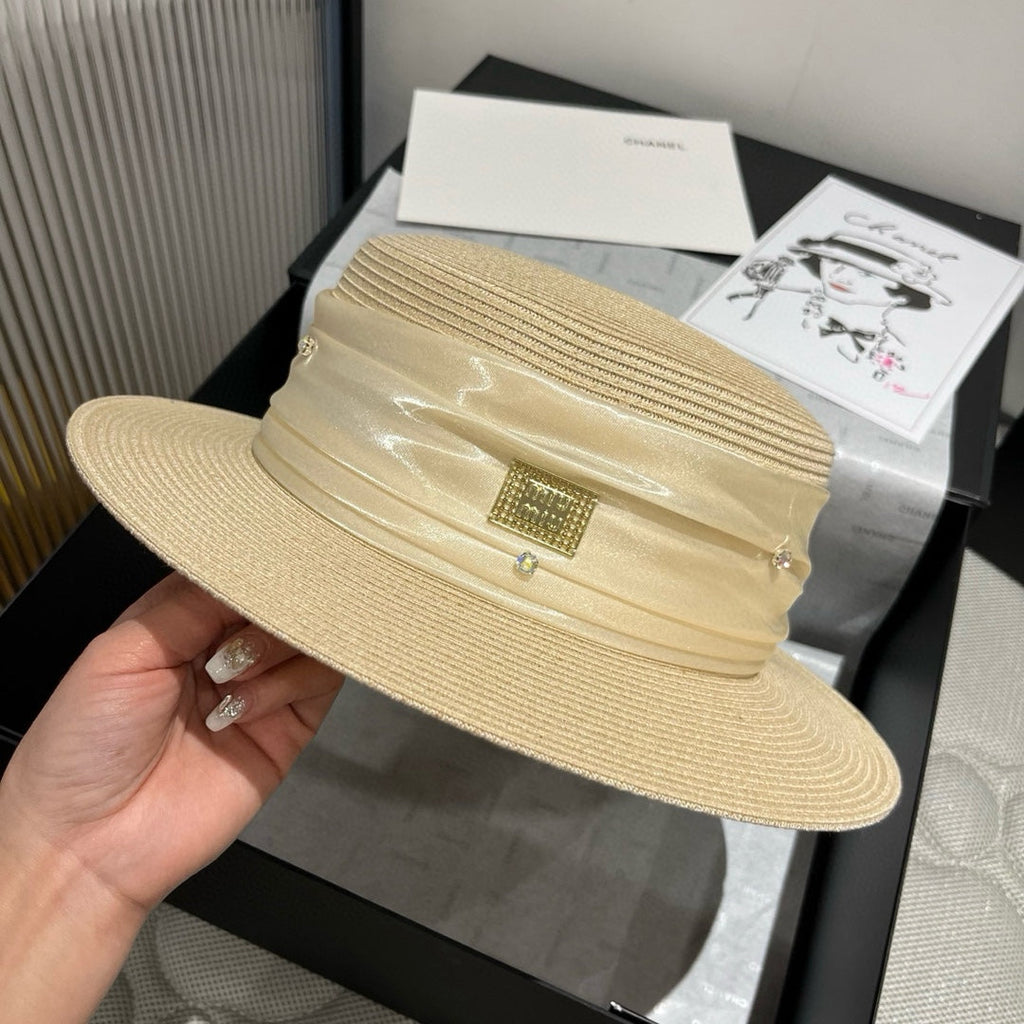 MM STRAW HAT IN LIGHT BEIGE WITH RHINESTONE EMBELLISHED
