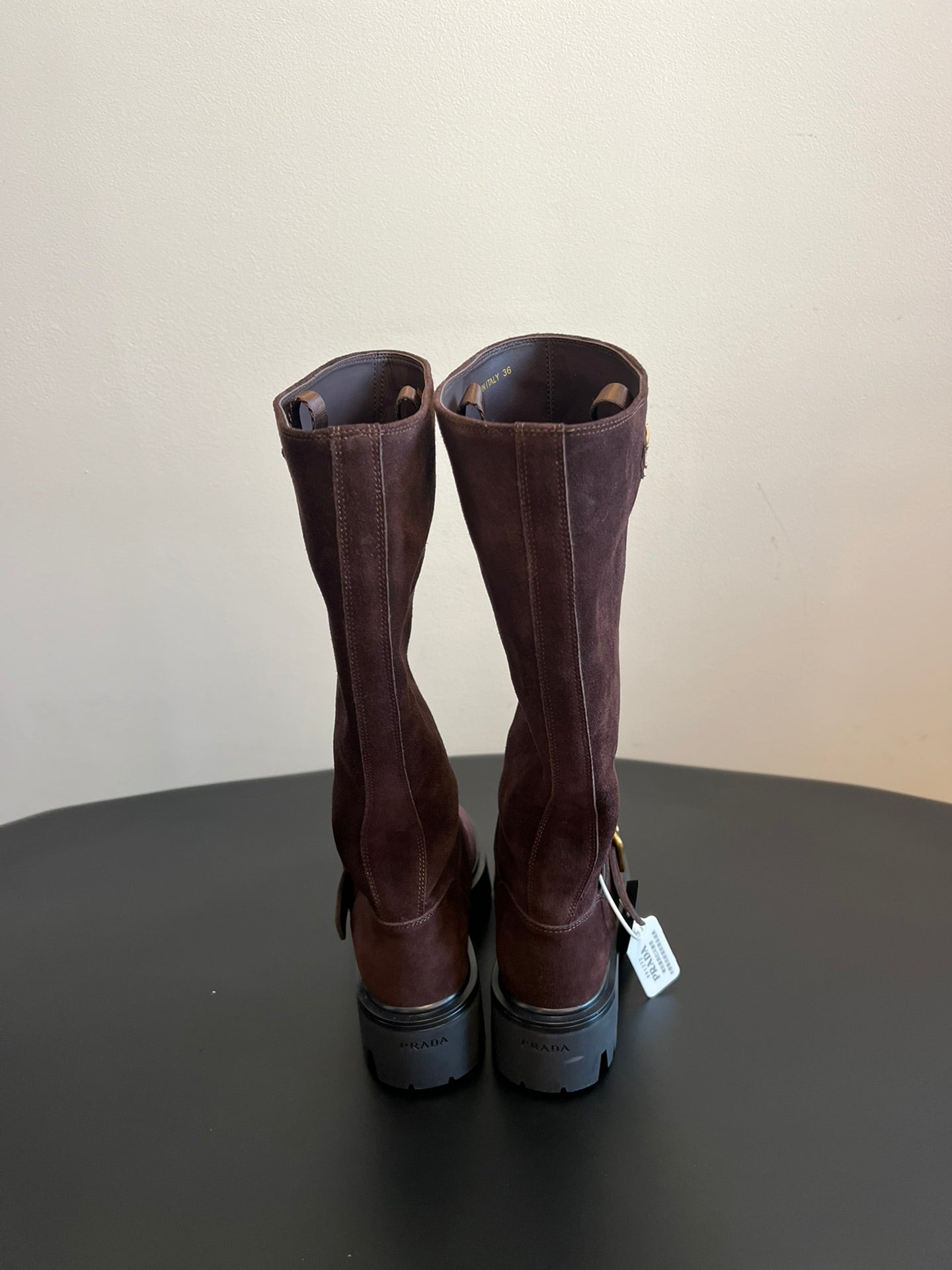 PRADA 25S HIGH-CUT PLATFORM BOOTS IN BROWN SUEDE WITH GOLD HARDWARE