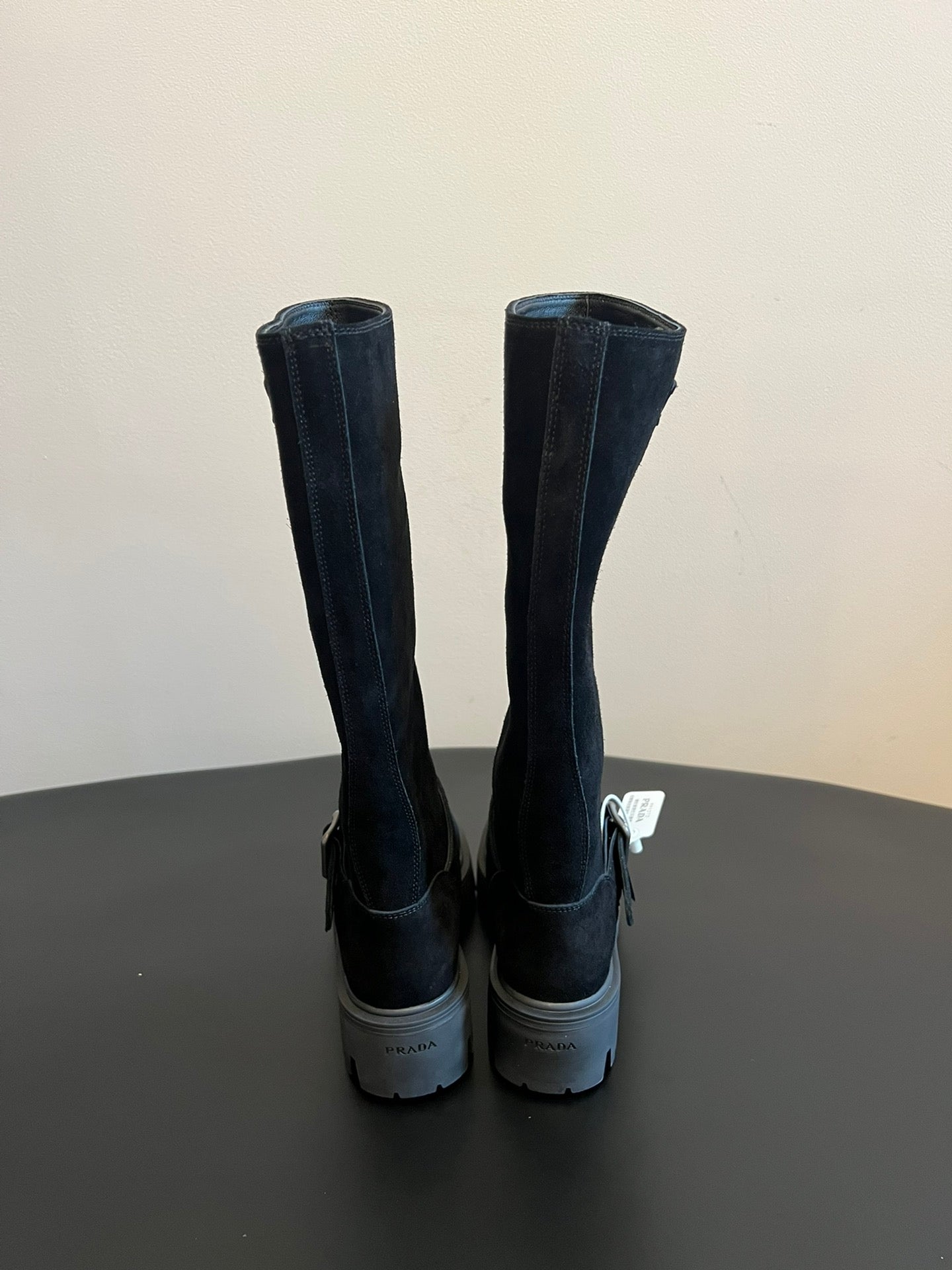 PRADA 25S HIGH-CUT PLATFORM BOOTS IN BLACK SUEDE WITH SILVER HARDWARE