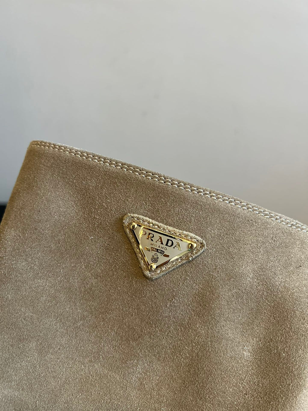 PRADA 25S HIGH-CUT PLATFORM BOOTS IN DARK BEIGE SUEDE WITH GOLD HARDWARE