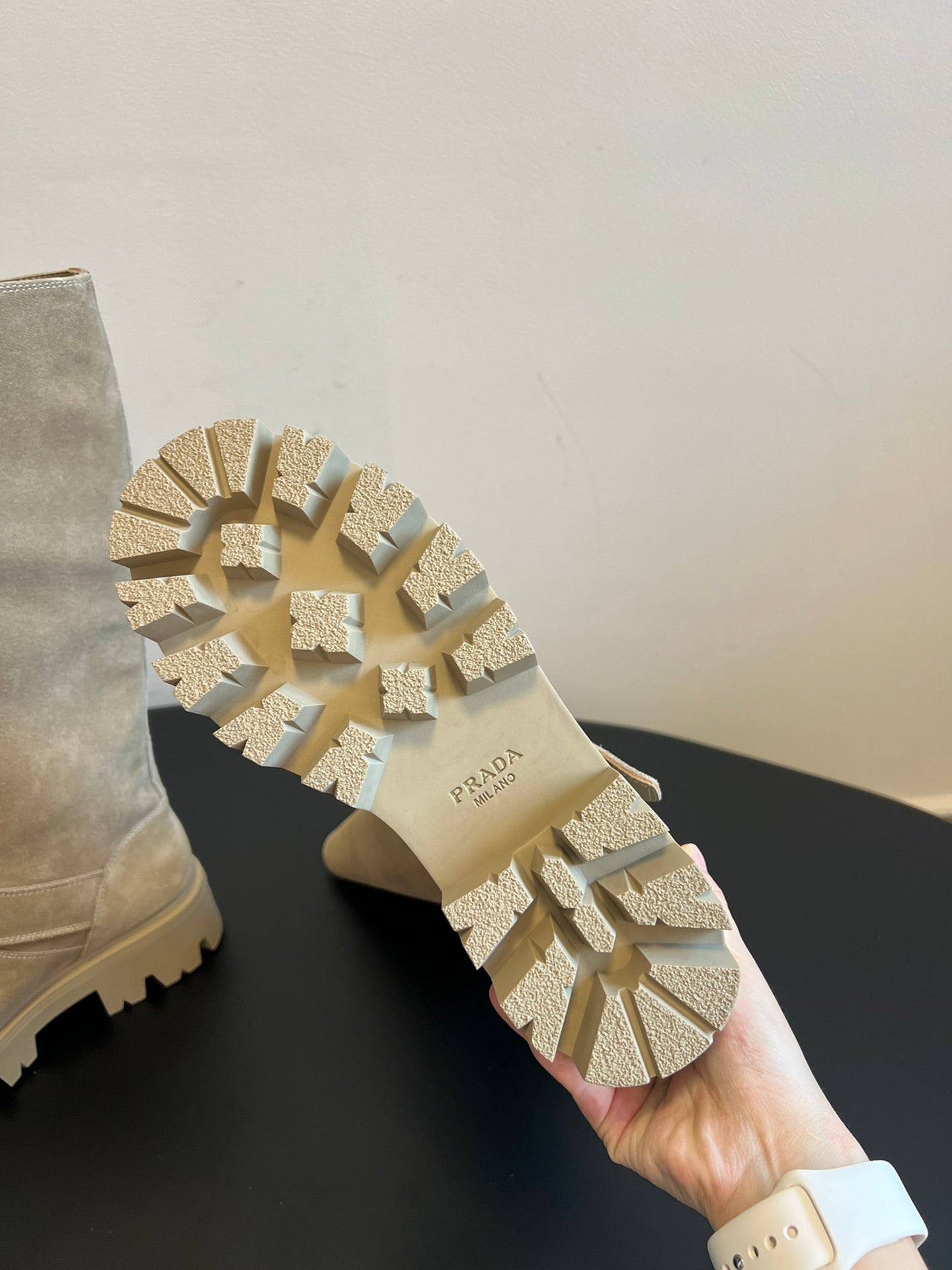 PRADA 25S HIGH-CUT PLATFORM BOOTS IN DARK BEIGE SUEDE WITH GOLD HARDWARE