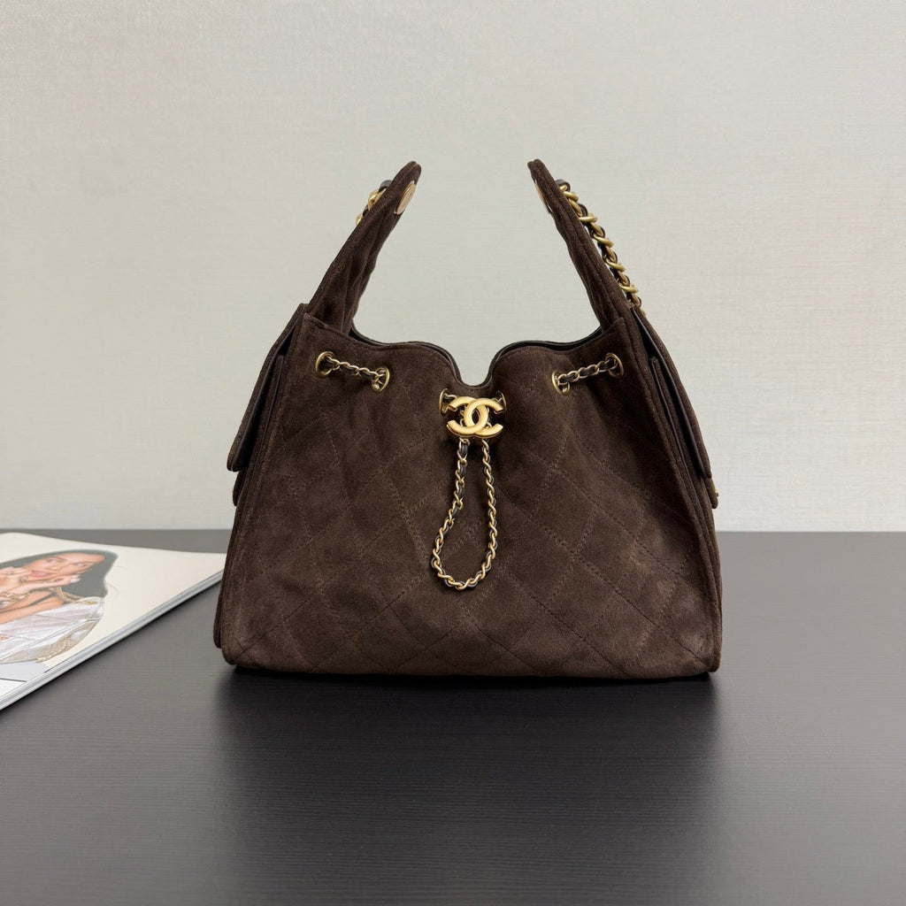 CHANEL 25S HOBO BAG 30 CM IN DARK BROWN SUEDE WITH GOLD HARDWARE