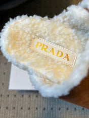 PRADA 25S TWO-STRAP SANDALS IN BROWN SUEDE AND WHITE SHEARLING WITH GOLD HARDWARE
