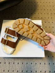 PRADA 25S TWO-STRAP SANDALS IN BROWN SUEDE AND WHITE SHEARLING WITH GOLD HARDWARE