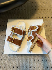 PRADA 25S TWO-STRAP SANDALS IN BROWN SUEDE AND WHITE SHEARLING WITH GOLD HARDWARE