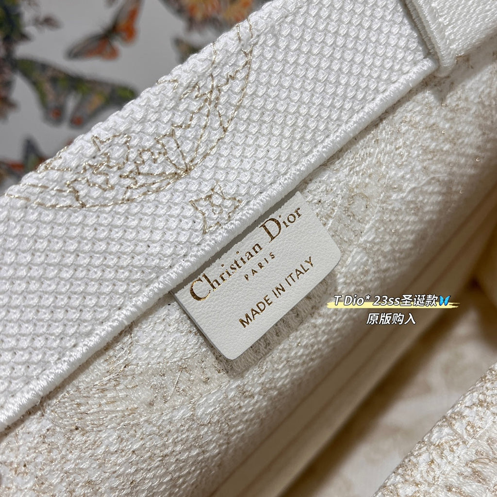 CD BOOK TOTE BAG 36 IN IVORY BEIGE EMBROIDERED CANVAS