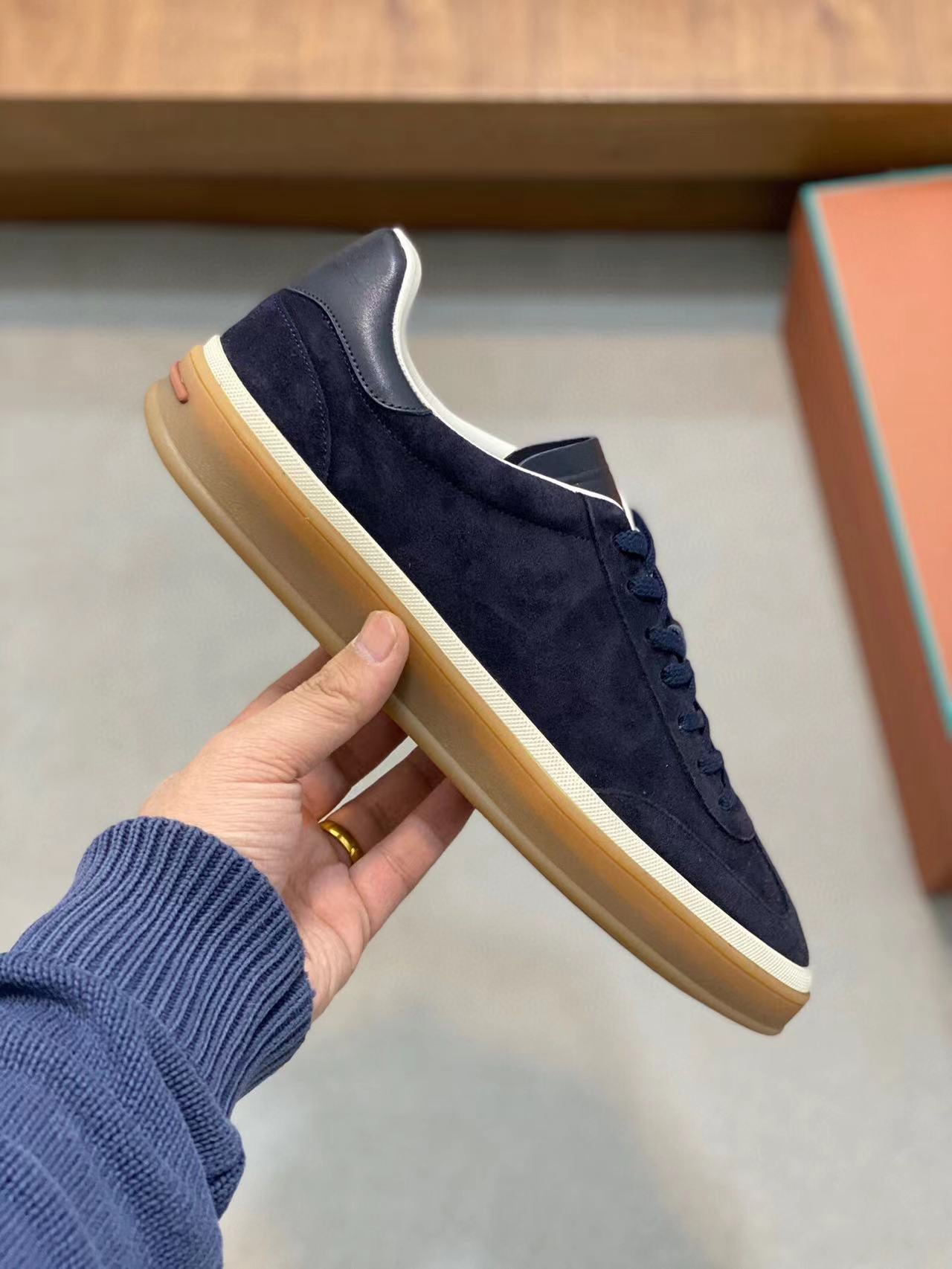 Loro Piana Tennis Walk Sneakers Suede Calf Split Navy Blue