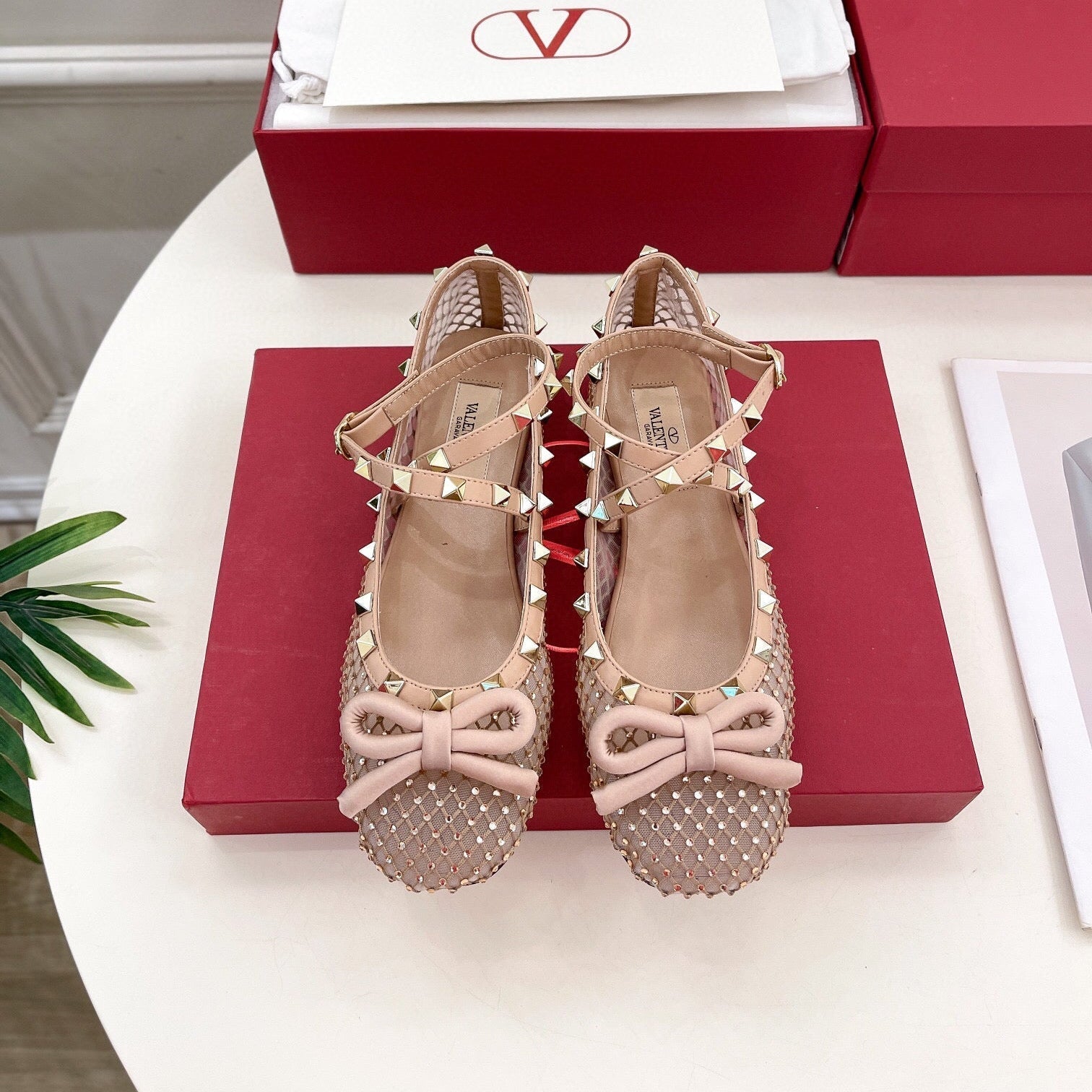 BALLET FLATS ROCKSTUD MESH WITH CRYSTALS IN ROSE CANNELLE