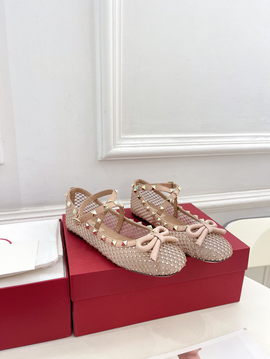 BALLET FLATS ROCKSTUD MESH WITH CRYSTALS IN ROSE CANNELLE