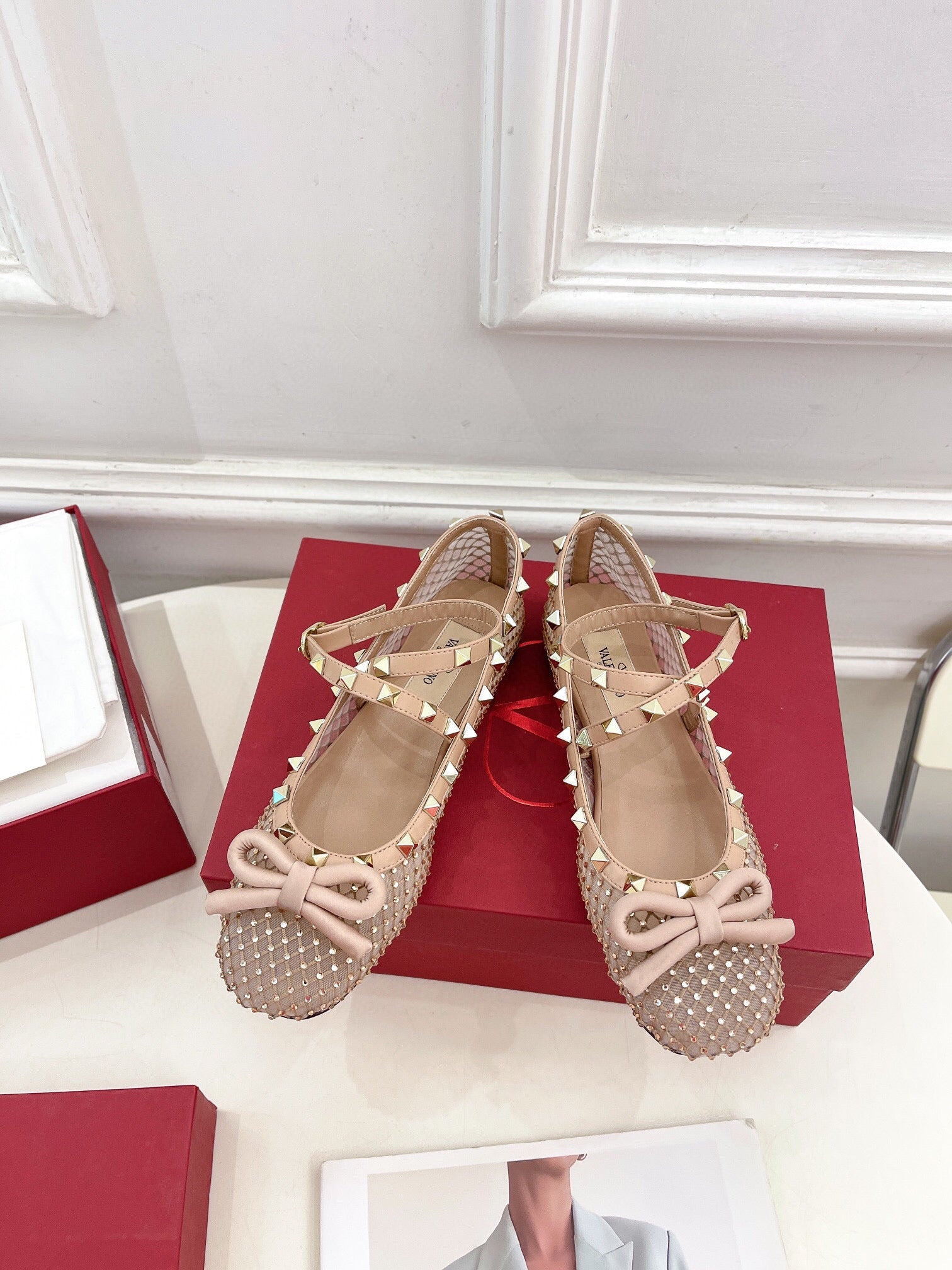 BALLET FLATS ROCKSTUD MESH WITH CRYSTALS IN ROSE CANNELLE