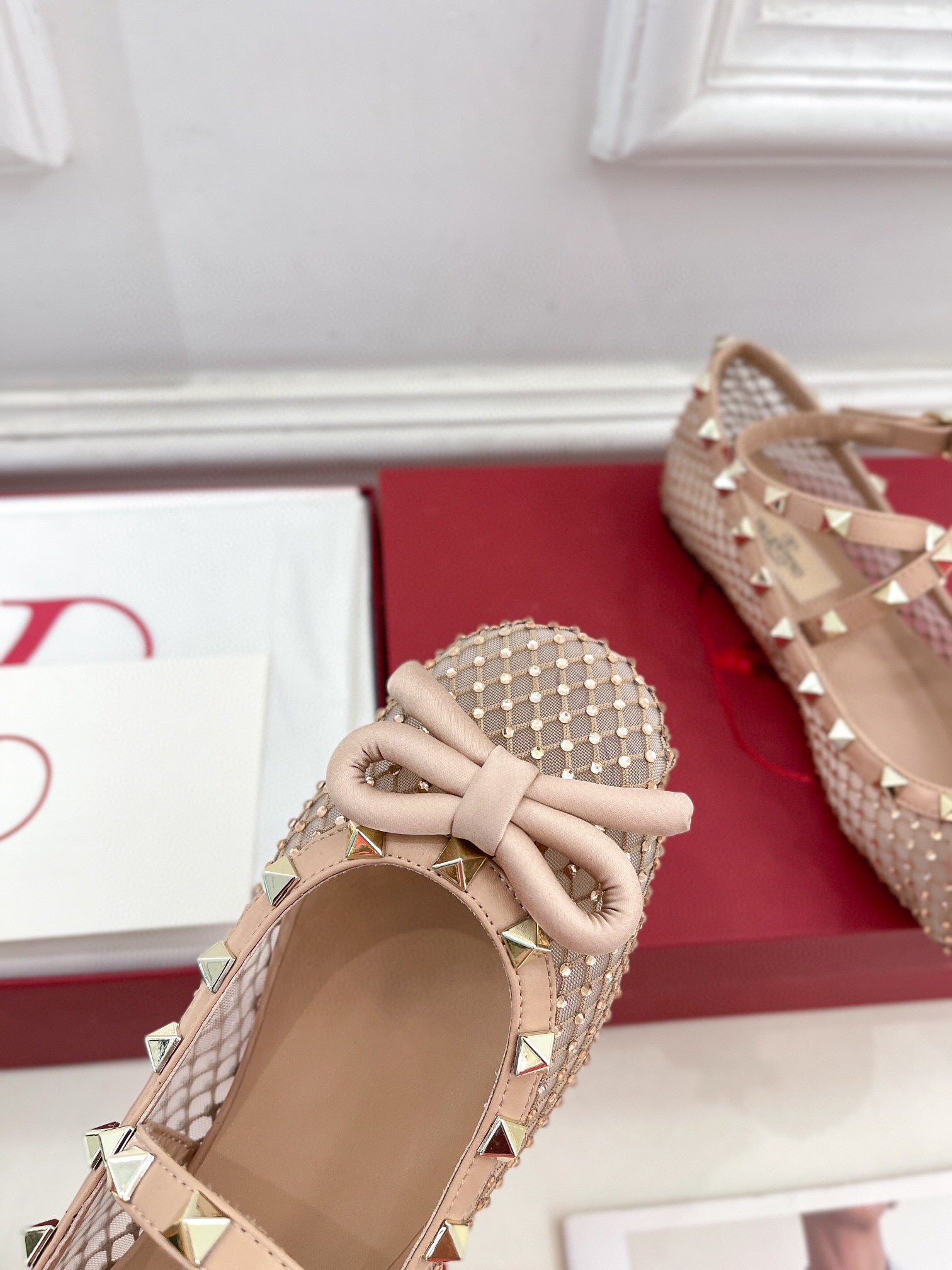 BALLET FLATS ROCKSTUD MESH WITH CRYSTALS IN ROSE CANNELLE