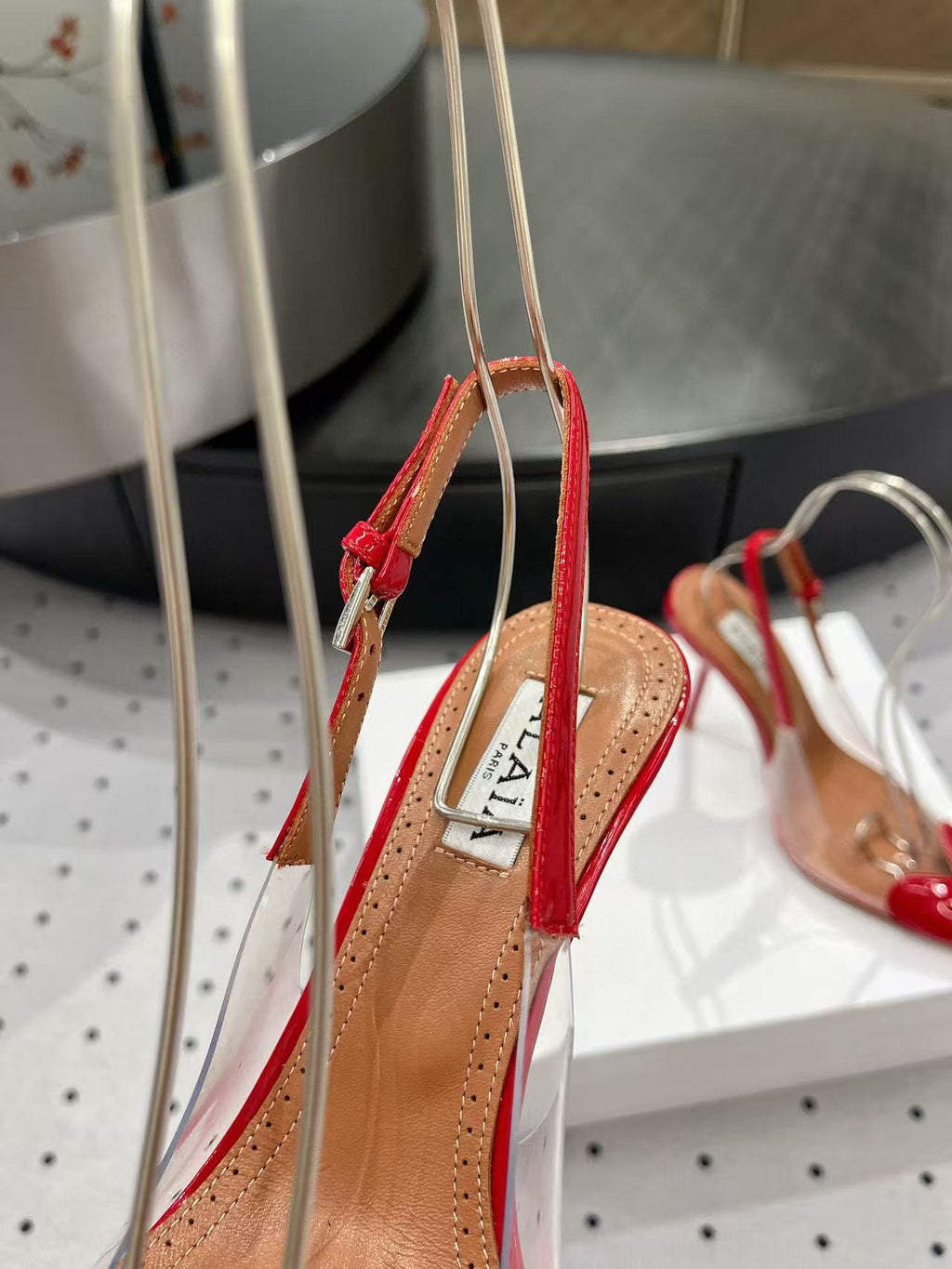 ALAIA HIGH 9 CM SLINGBACK IN CHERRY RED PATENT CALFSKIN AND FILM