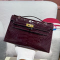 HM KELLY MINI 22 BORDEAUX RED AMERICAN ALLIGATOR GOLD BUCKLE