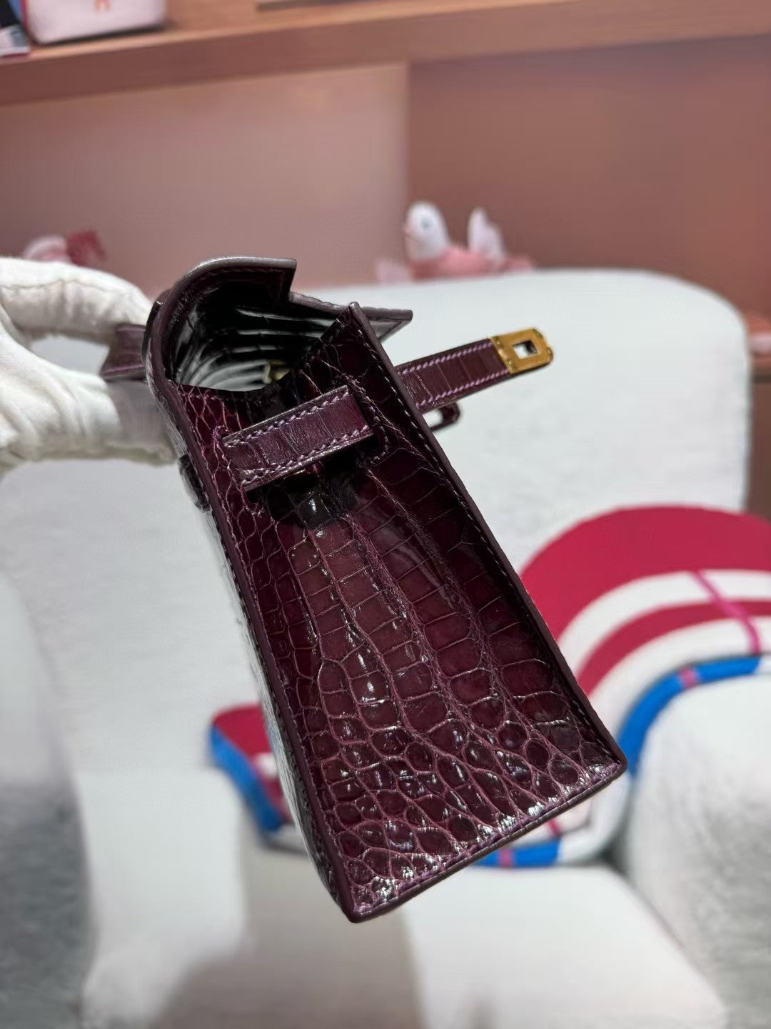 HM KELLY MINI 22 BORDEAUX RED AMERICAN ALLIGATOR GOLD BUCKLE