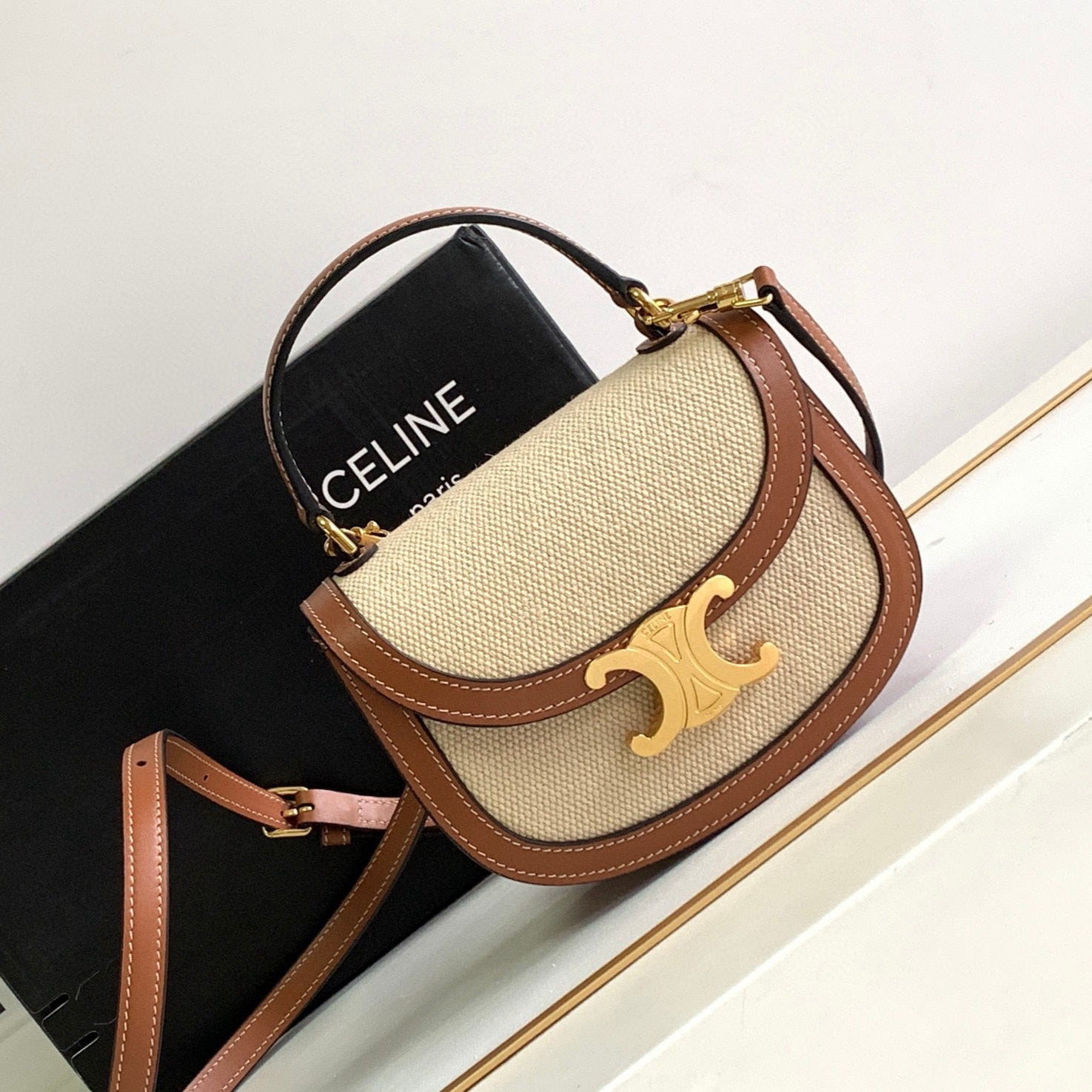 MINI BESACE CLEA 15 IN BROWN TEXTILE AND CALFSKIN