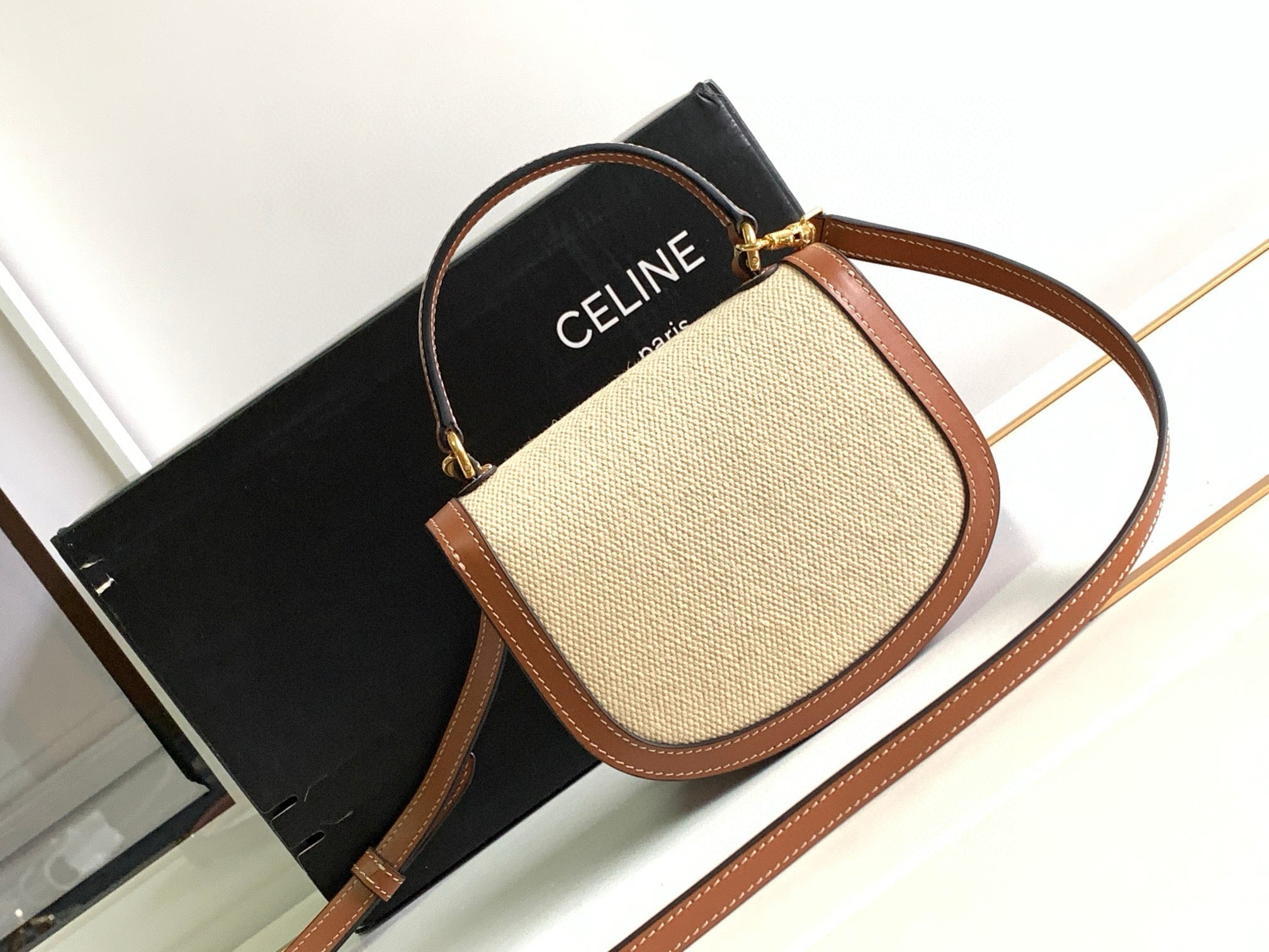 MINI BESACE CLEA 15 IN BROWN TEXTILE AND CALFSKIN