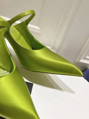 PRA 75 POINTED SATIN MULES IN GREEN FLEECE HEEL