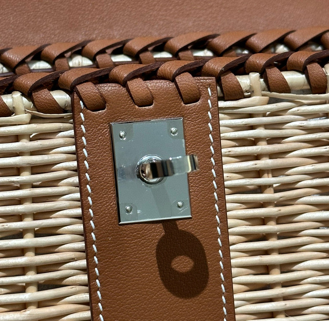 HM KELLY PICNIC HANDBAG IN BROWN & NATURAL LEATHER AND WICKER SILVER HARDWARE