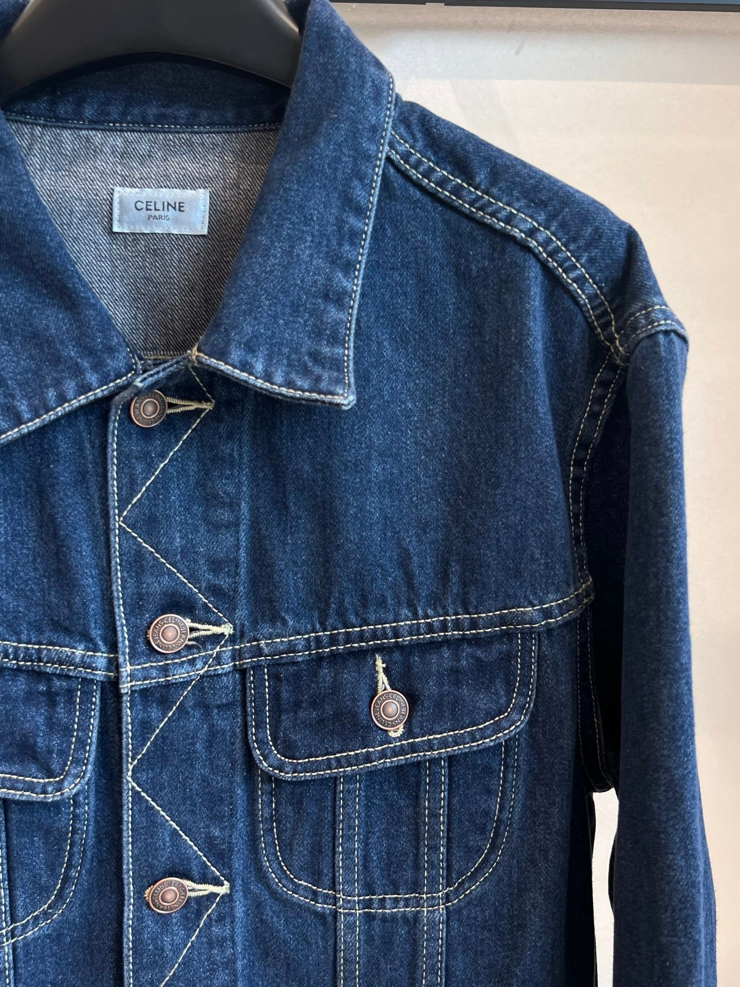 CLASSIC TRUCKER JACKET INDIGO DENIM CONTRAST STITCHING SILVER BUTTONS          Ask ChatGPT