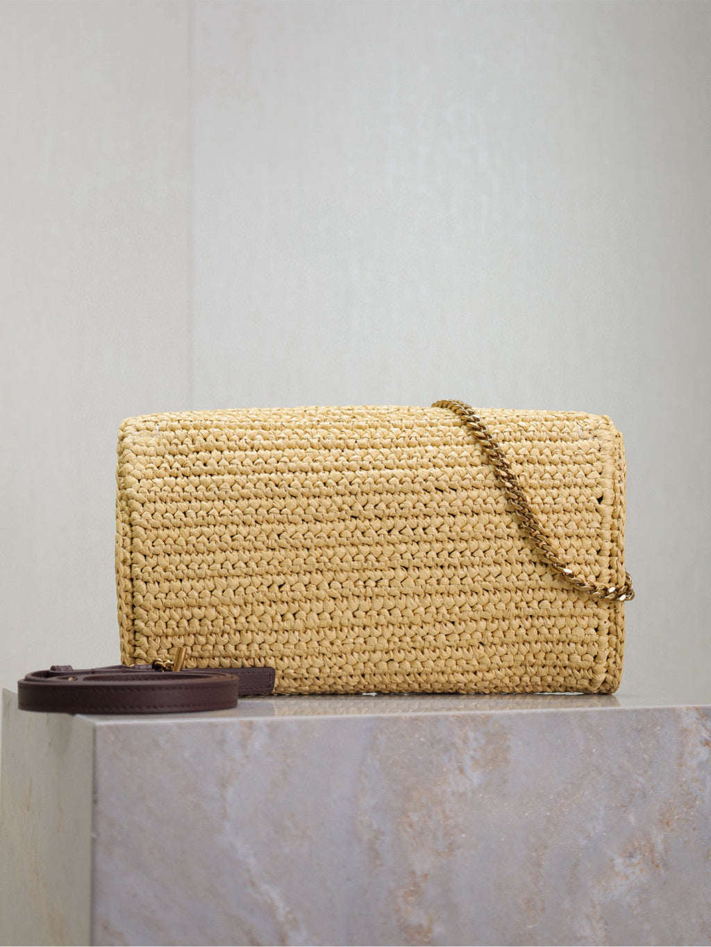 YSL KATE BAG CROSSBODY 26 IN BEIGE WOVEN RAFFIA GOLD HARDWARE