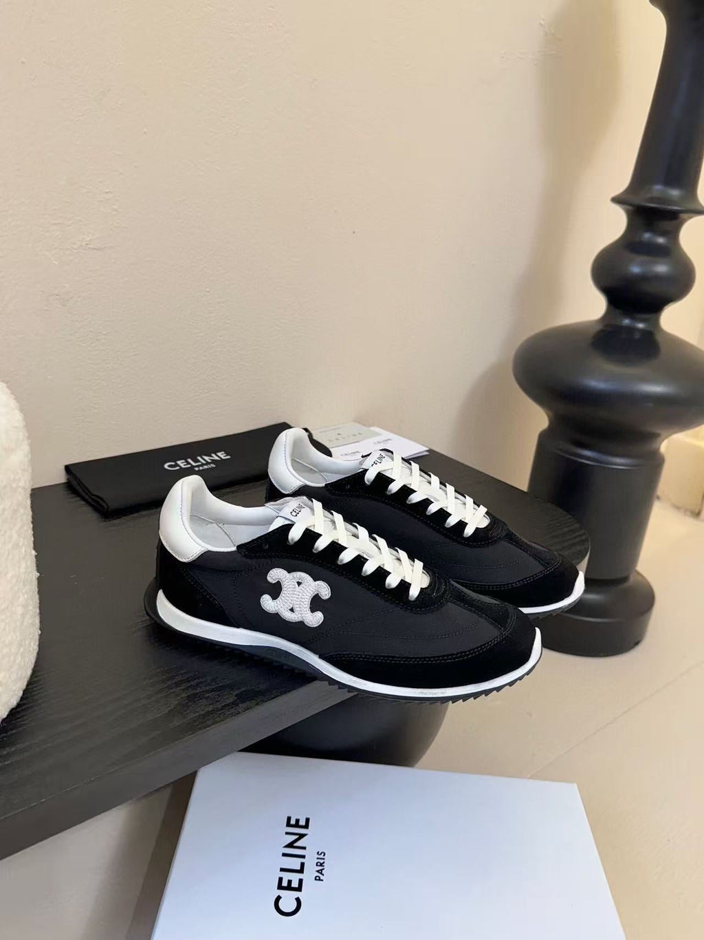 CELINE TRAINRES IN BLACK MIX WHITE SUEDE AND FABRIC