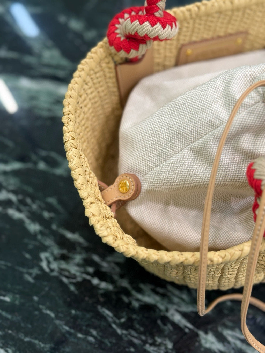 PRA HANDBAG 26 IN BEIGE RAFFIA AND RED WOVEN HANDLES