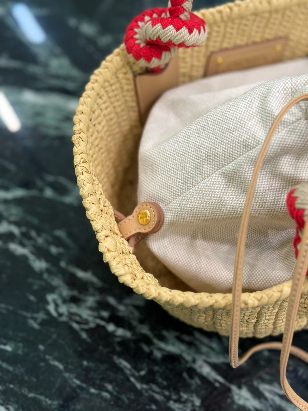 PRA HANDBAG 26 IN BEIGE RAFFIA AND RED WOVEN HANDLES