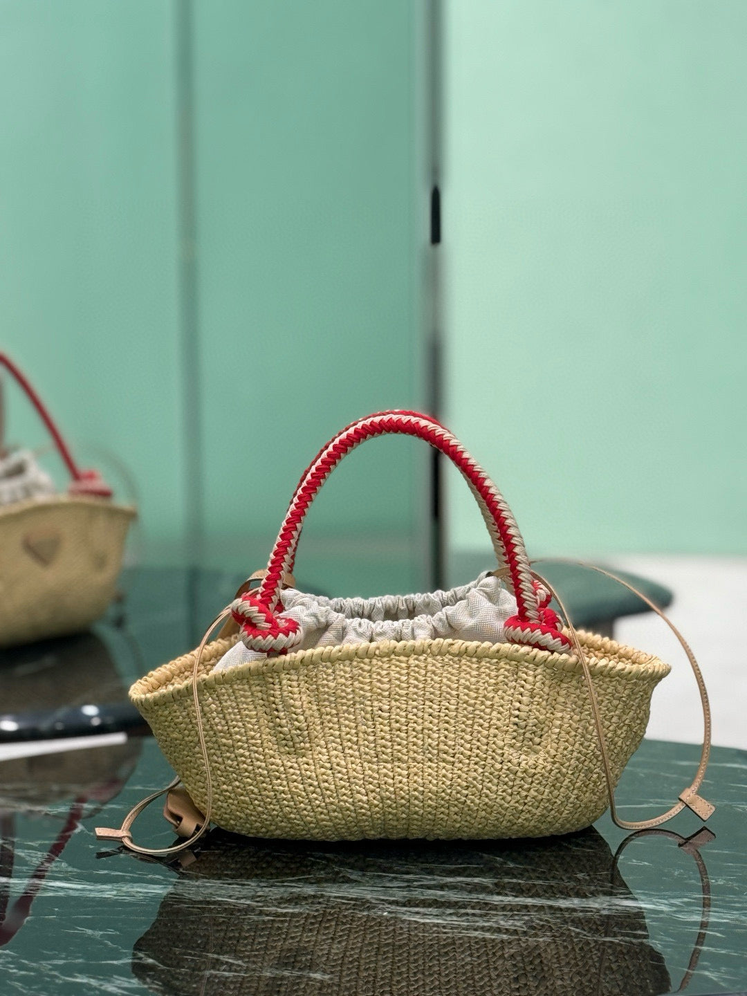 PRA HANDBAG 26 IN BEIGE RAFFIA AND RED WOVEN HANDLES