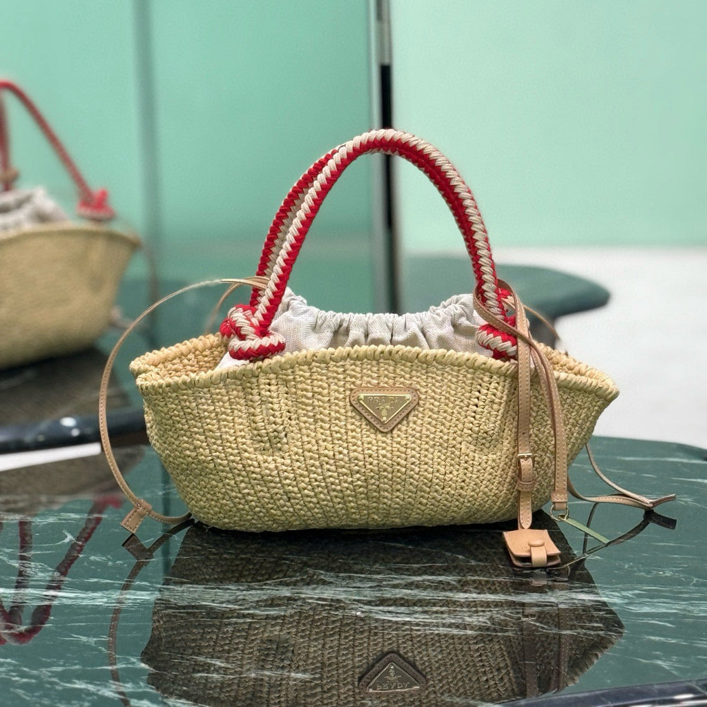 PRA HANDBAG 26 IN BEIGE RAFFIA AND RED WOVEN HANDLES