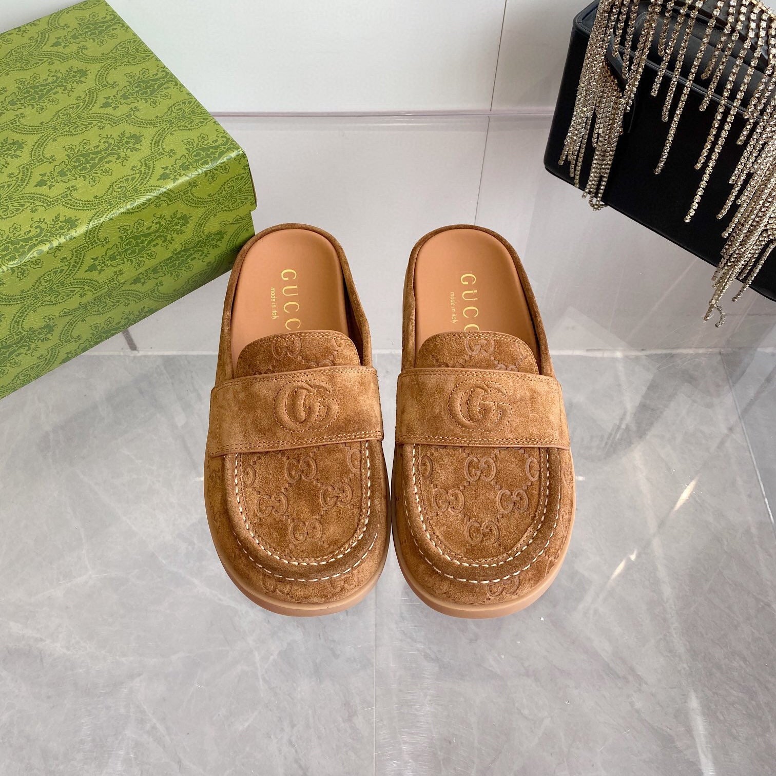 GG LOAFERS IN BROWN MONOGRAM EMBOSSED SUEDE