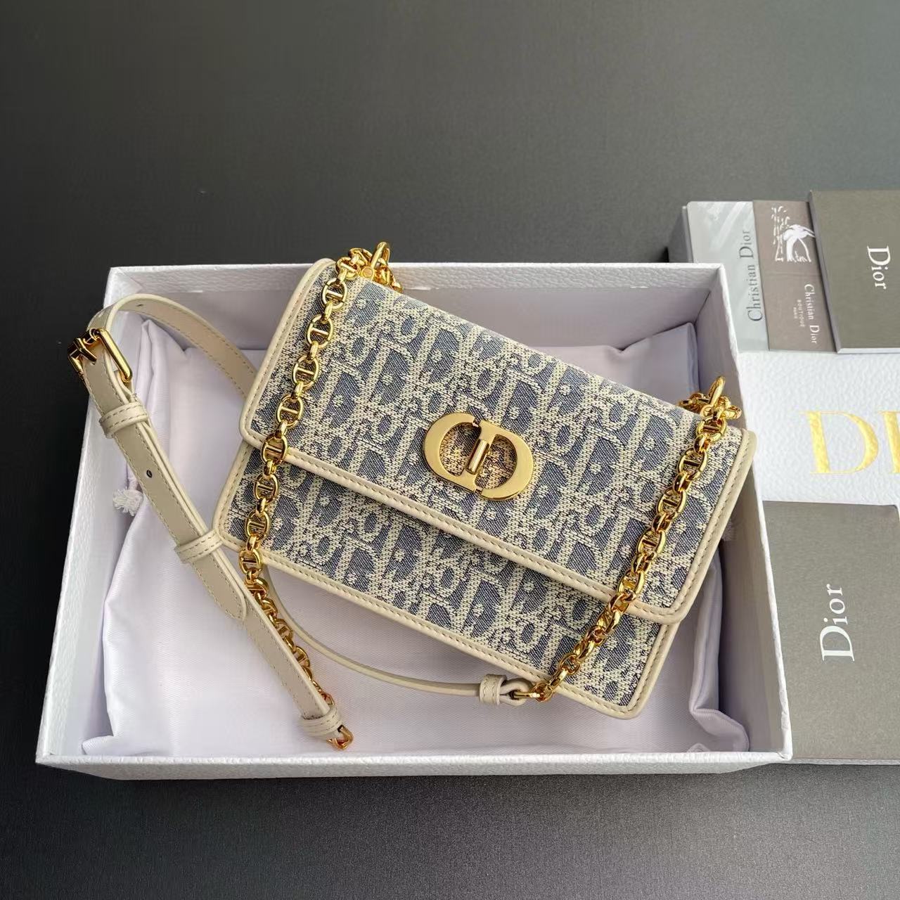 CD OBLIQUE SHOULDER BAG 18 IN BLUE AND BEIGE FABRIC GOLD-TONE CHAIN