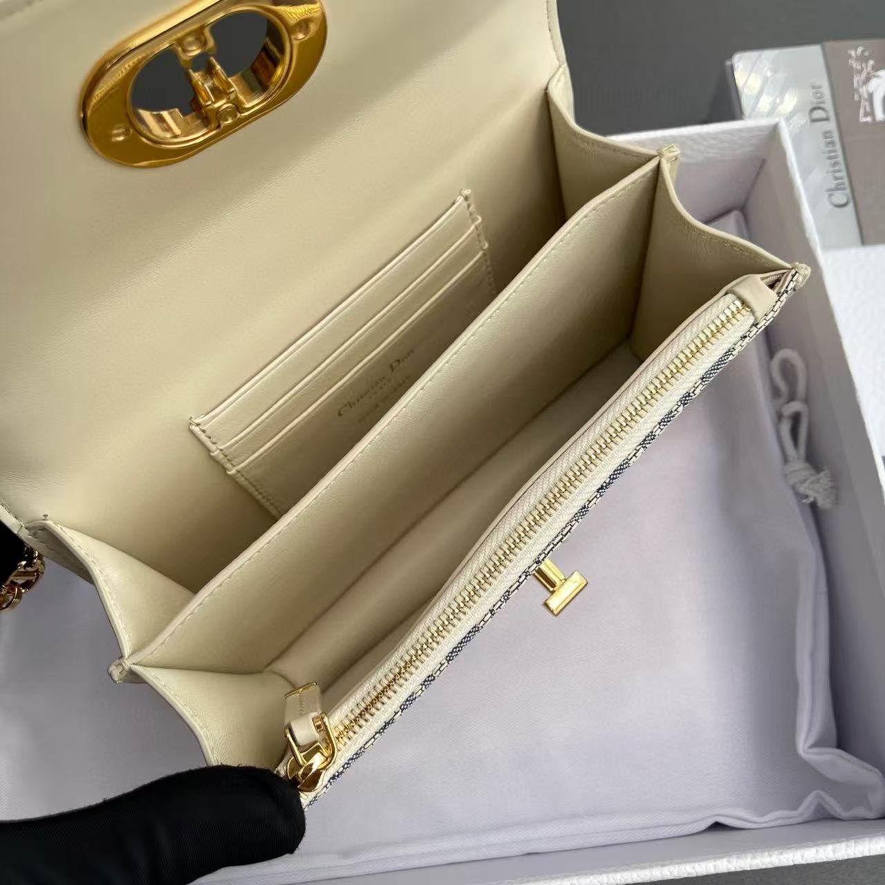 CD OBLIQUE SHOULDER BAG 18 IN BLUE AND BEIGE FABRIC GOLD-TONE CHAIN