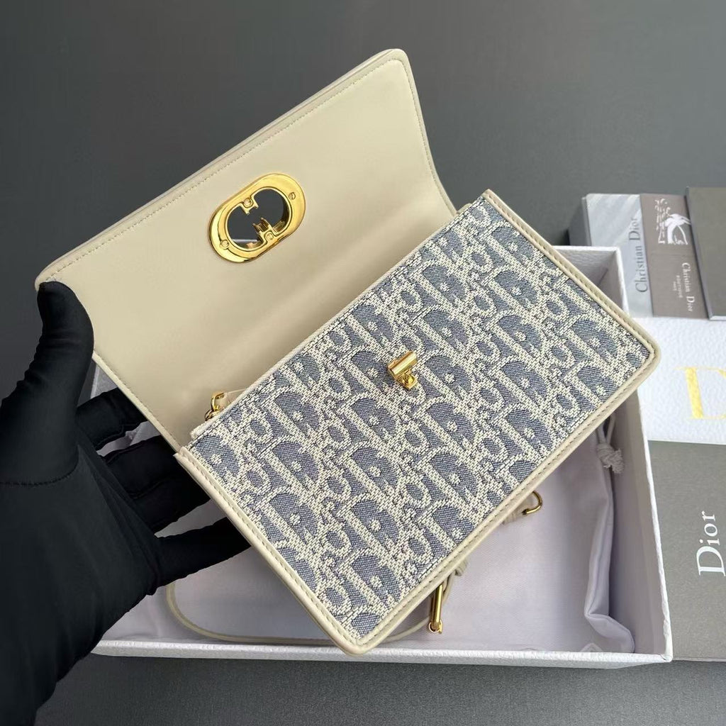 CD OBLIQUE SHOULDER BAG 18 IN BLUE AND BEIGE FABRIC GOLD-TONE CHAIN