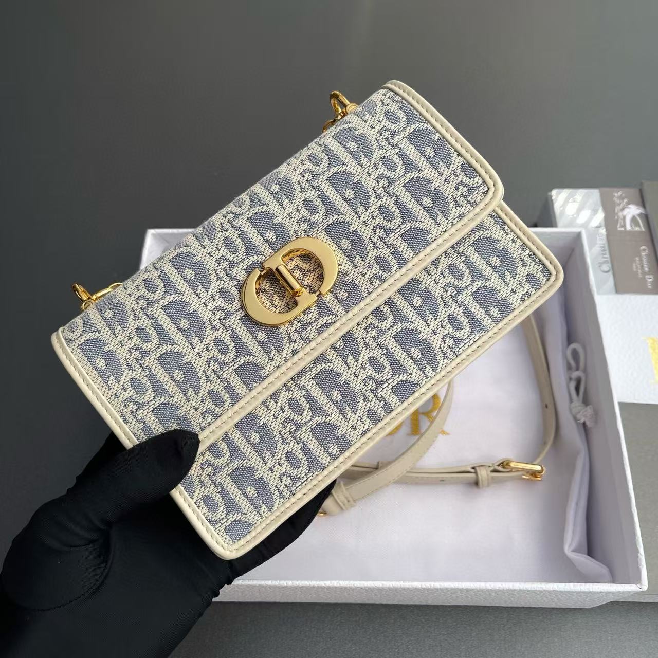 CD OBLIQUE SHOULDER BAG 18 IN BLUE AND BEIGE FABRIC GOLD-TONE CHAIN