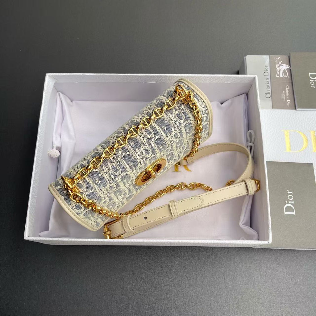 CD OBLIQUE SHOULDER BAG 18 IN BLUE AND BEIGE FABRIC GOLD-TONE CHAIN