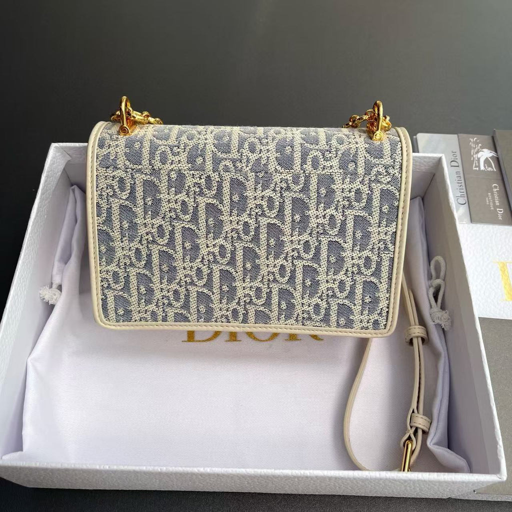 CD OBLIQUE SHOULDER BAG 18 IN BLUE AND BEIGE FABRIC GOLD-TONE CHAIN