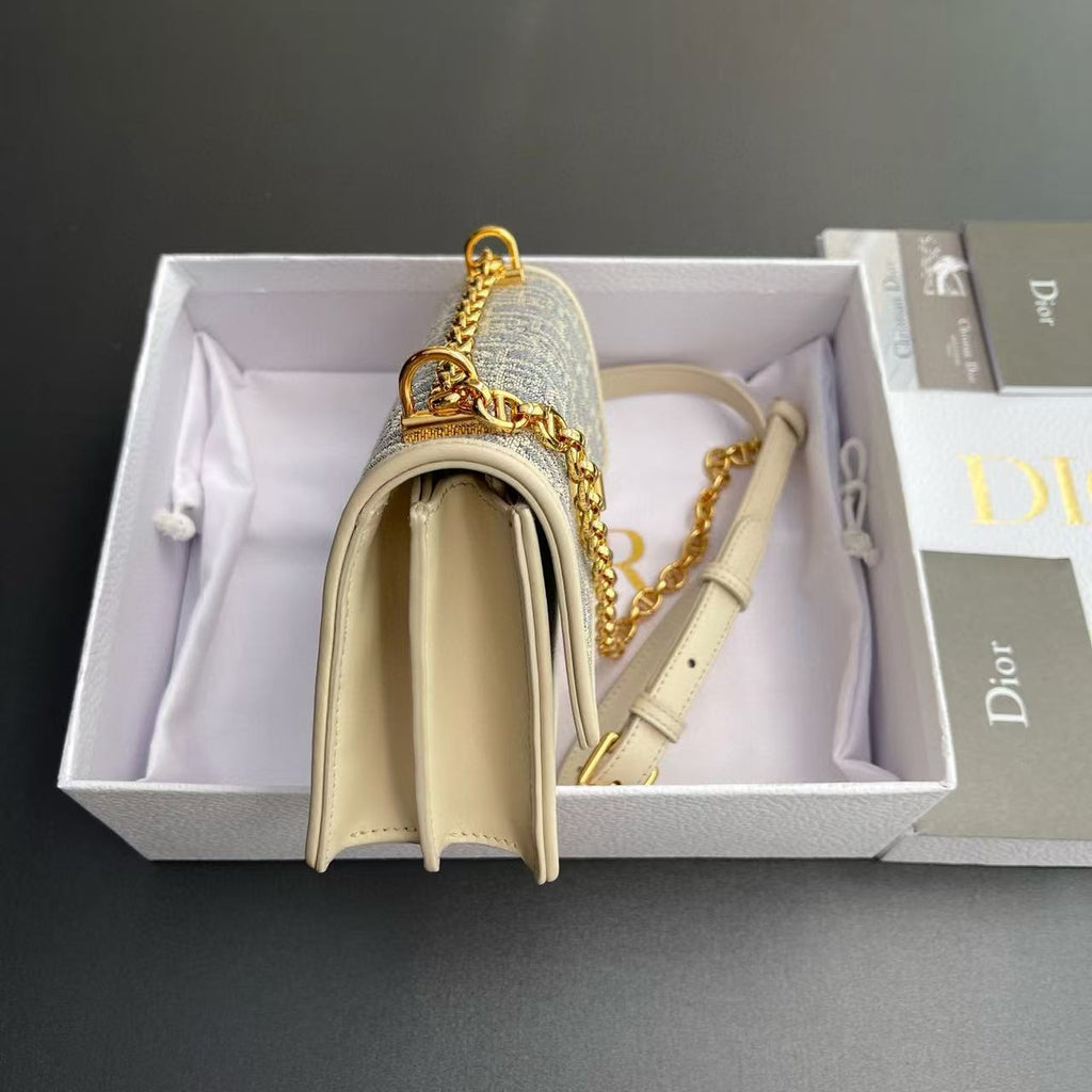 CD OBLIQUE SHOULDER BAG 18 IN BLUE AND BEIGE FABRIC GOLD-TONE CHAIN