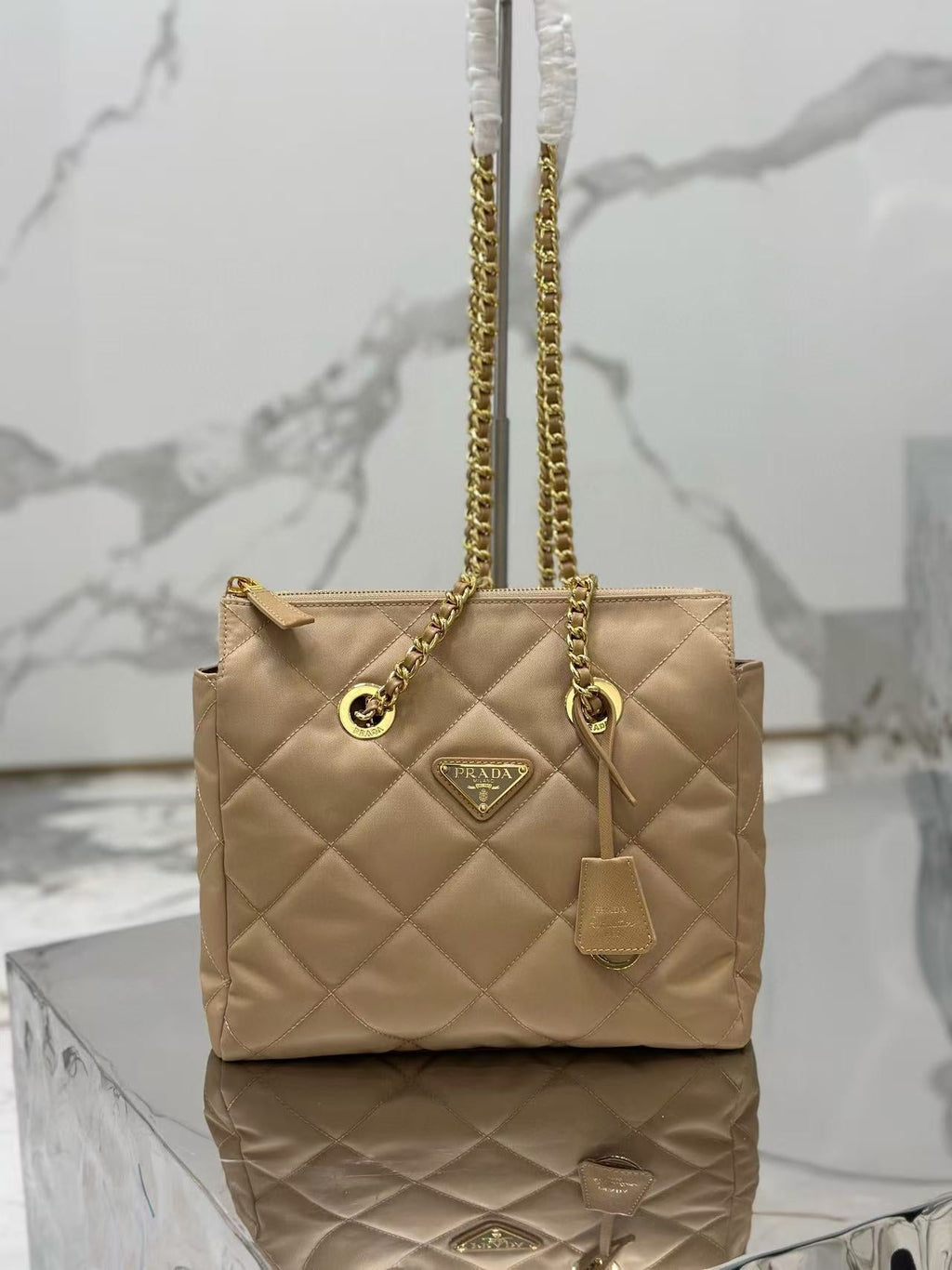 PRADA QUILTED SHOULDER BAG 25 IN LIGHT BROWN CALFSKIN
