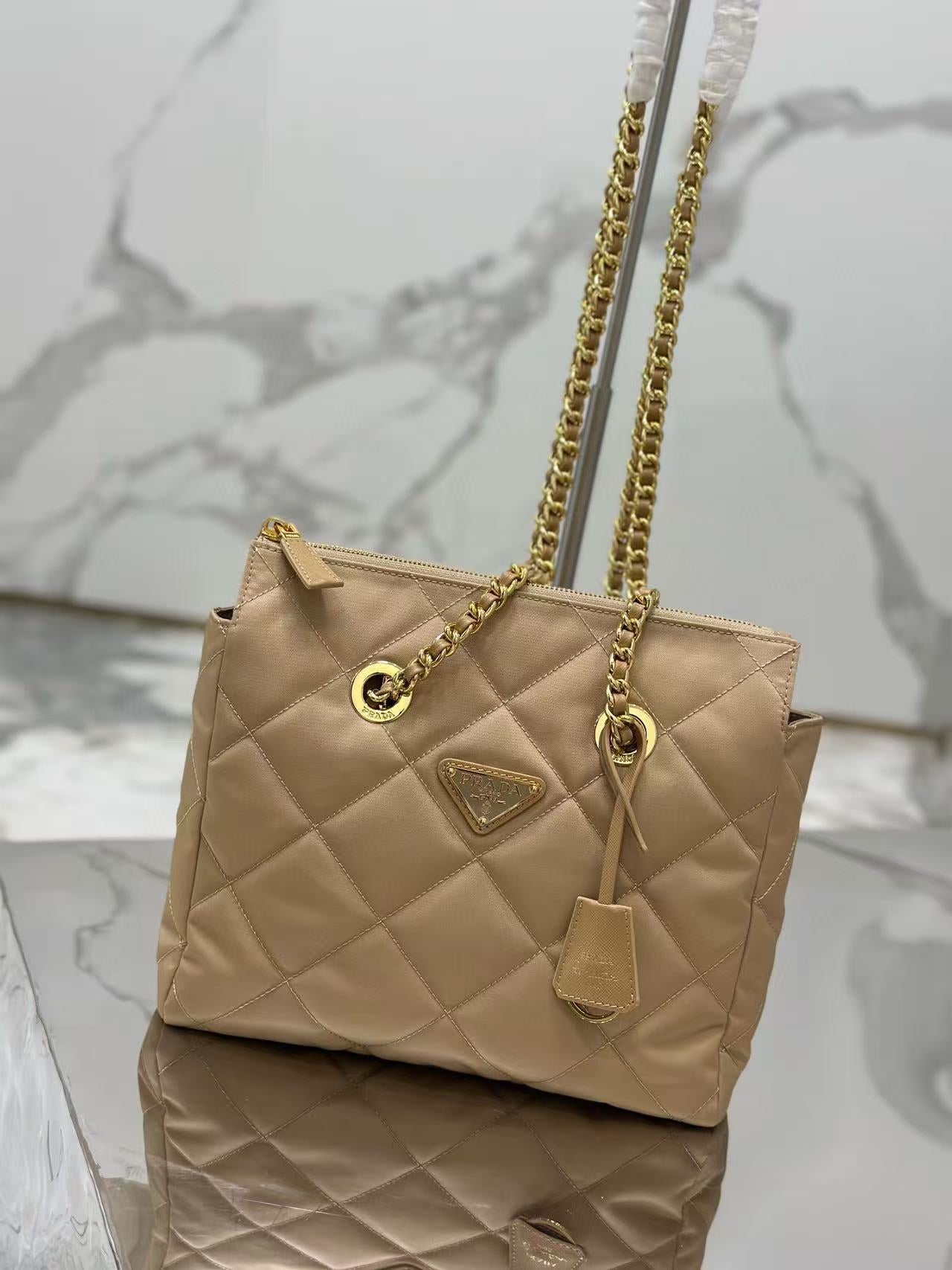 PRADA QUILTED SHOULDER BAG 25 IN LIGHT BROWN CALFSKIN