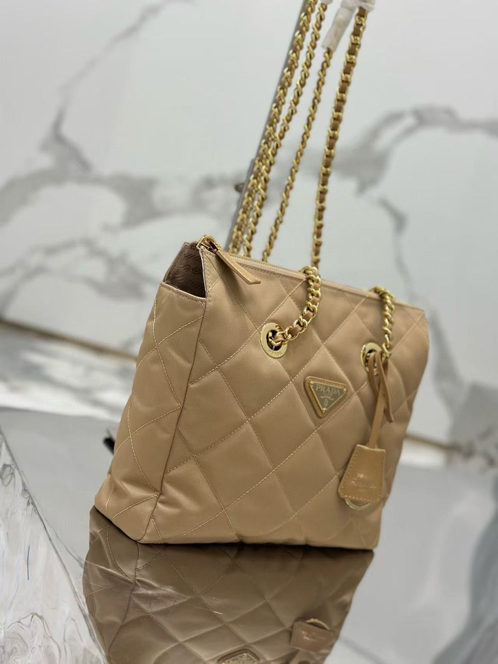 PRADA QUILTED SHOULDER BAG 25 IN LIGHT BROWN CALFSKIN