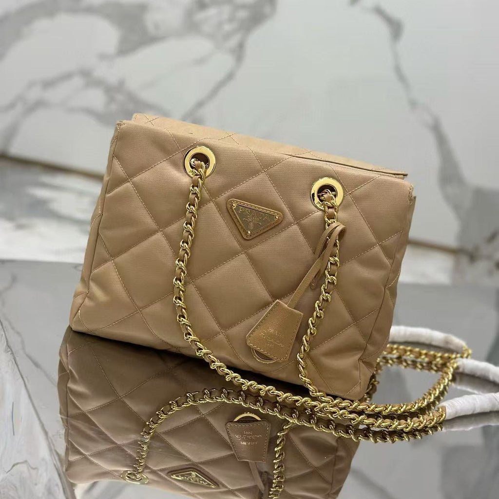 PRADA QUILTED SHOULDER BAG 25 IN LIGHT BROWN CALFSKIN