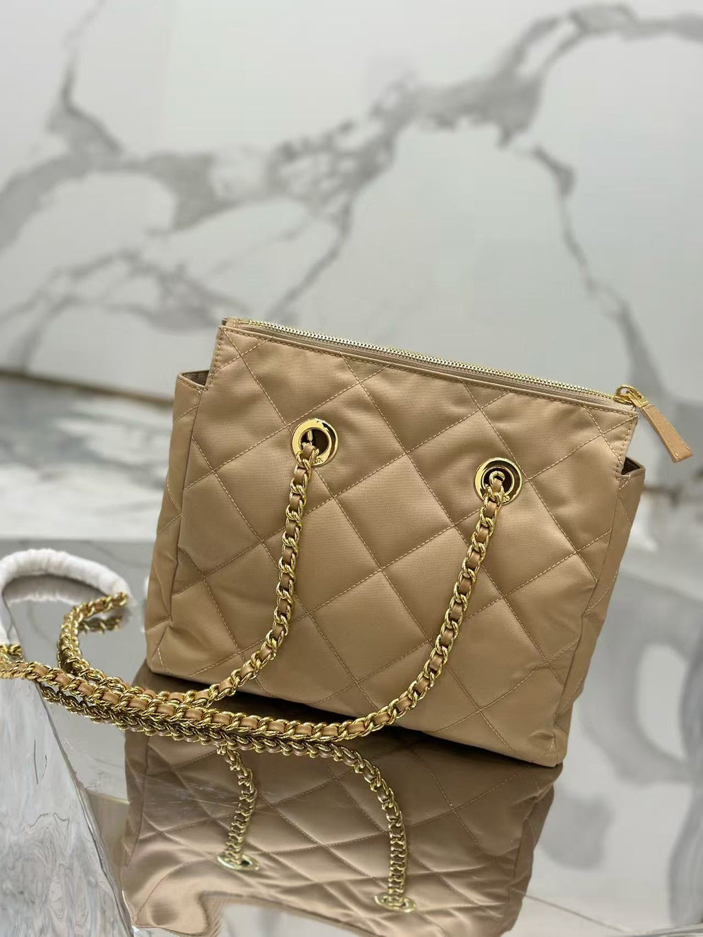 PRADA QUILTED SHOULDER BAG 25 IN LIGHT BROWN CALFSKIN