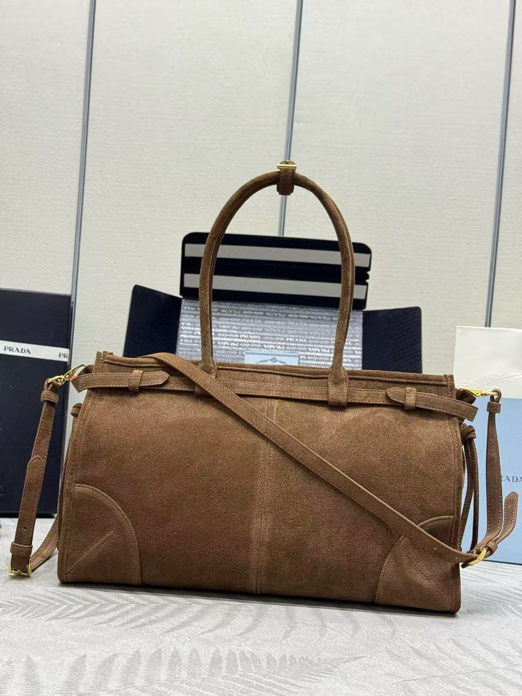 TOTE BAG WITH BELT 38 IN CHOCOLATE BROWN SUEDE GOLD HARDWARE