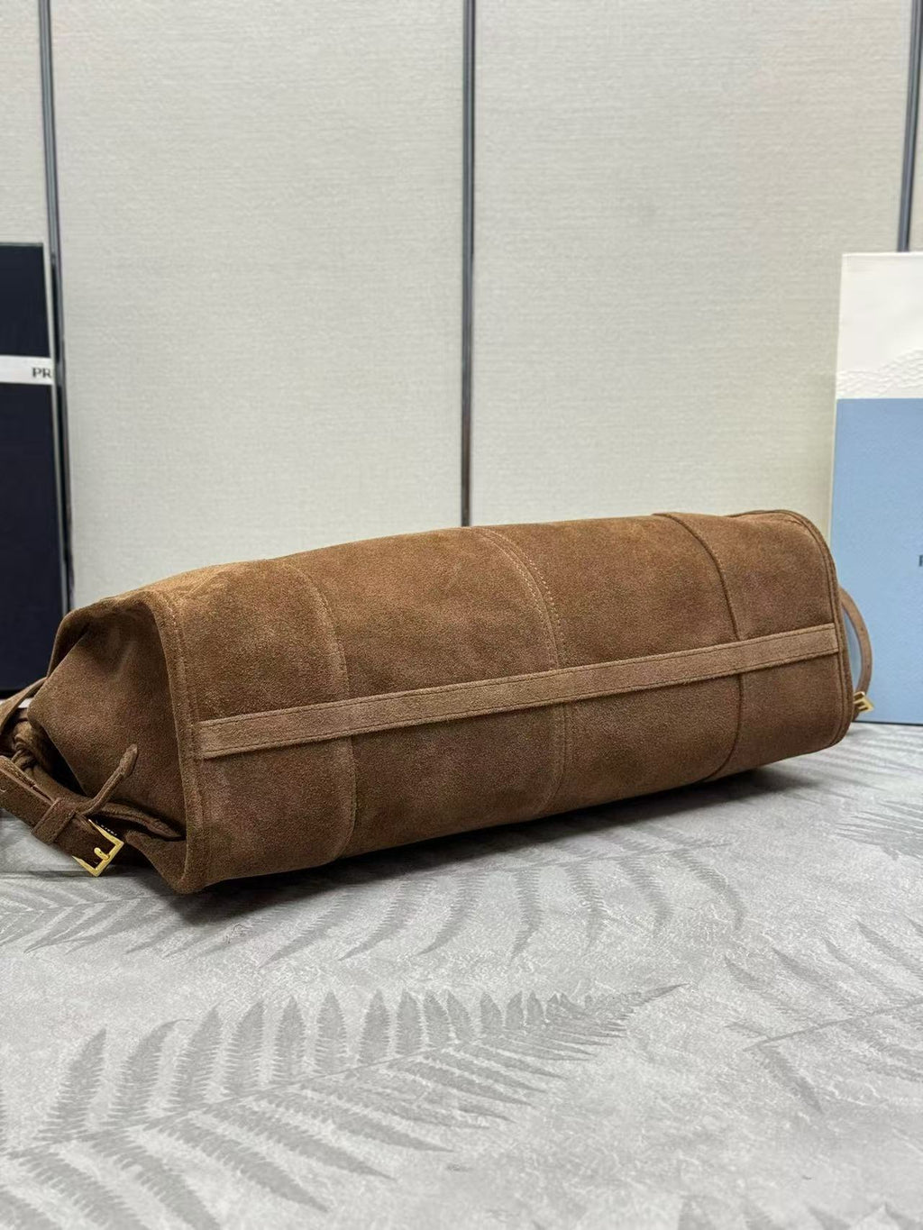 TOTE BAG WITH BELT 38 IN CHOCOLATE BROWN SUEDE GOLD HARDWARE