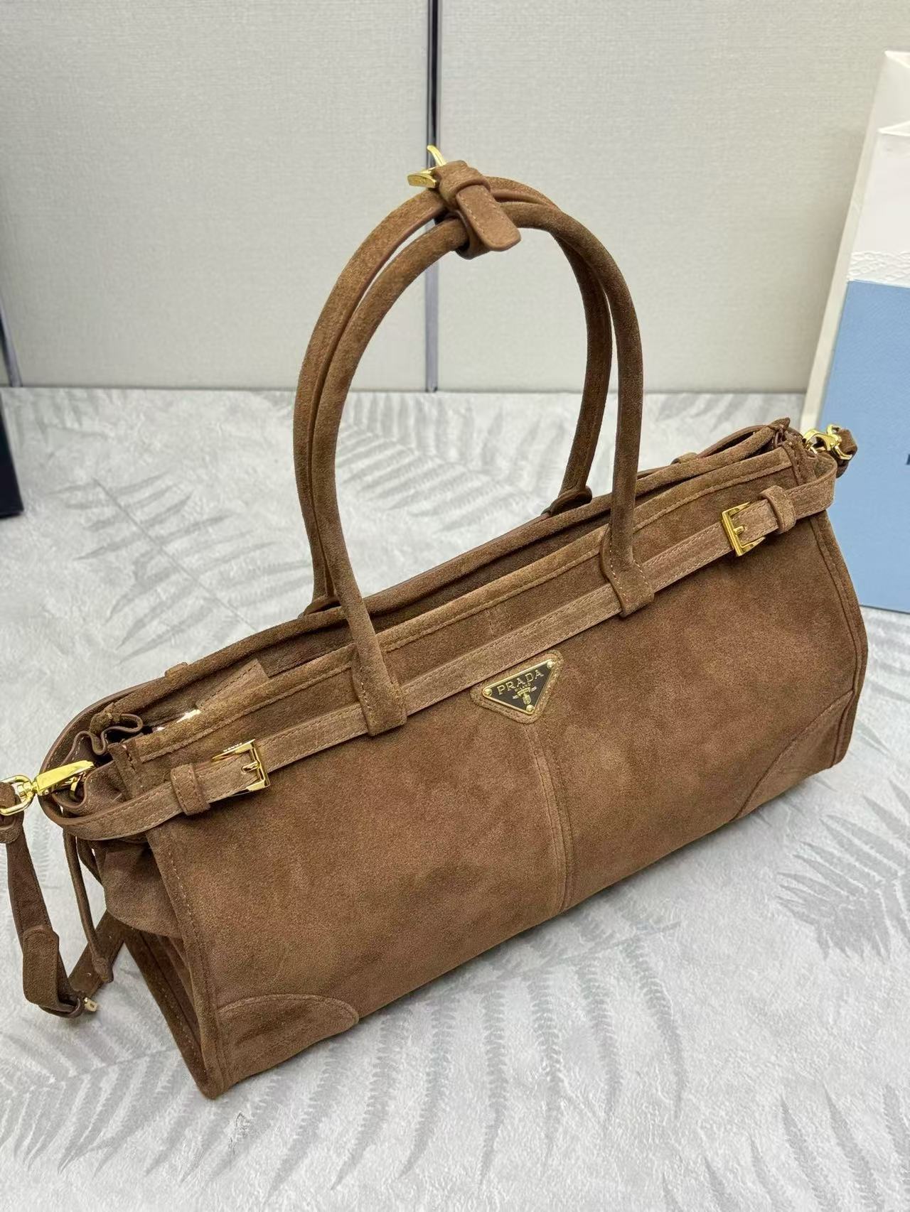 TOTE BAG WITH BELT 38 IN CHOCOLATE BROWN SUEDE GOLD HARDWARE