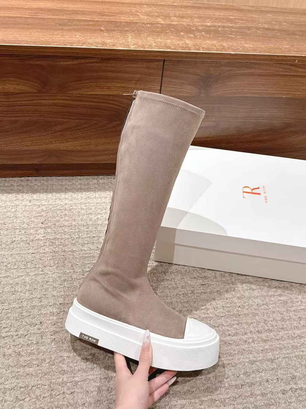 THE ROW HIGH BOOTS IN DARK BEIGE SUEDE