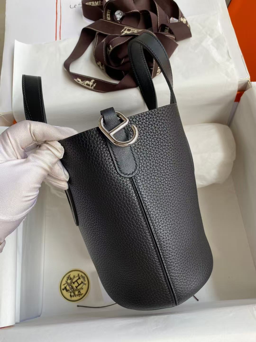 HERMES 25S IN THE LOOP 23 IN BLACK CALFSKIN SILVER HARDWARE TP3